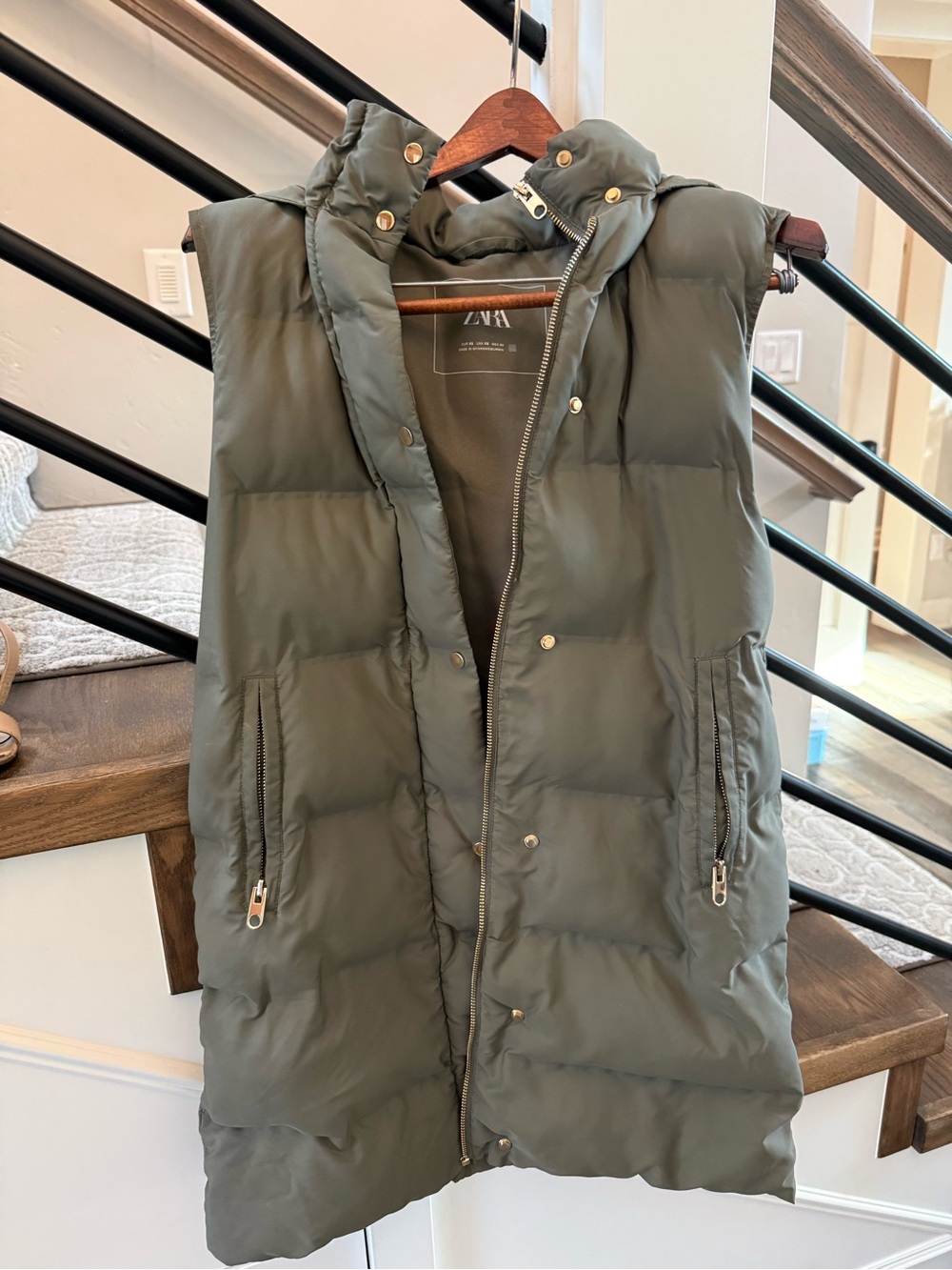 Zara Quilted Olive Green Hooded Puffer Vest